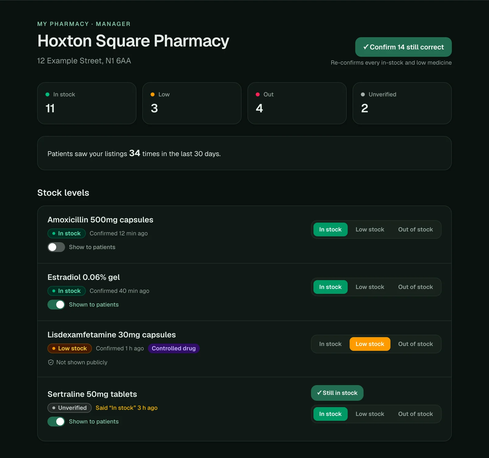 My pharmacy: stock levels and public listings