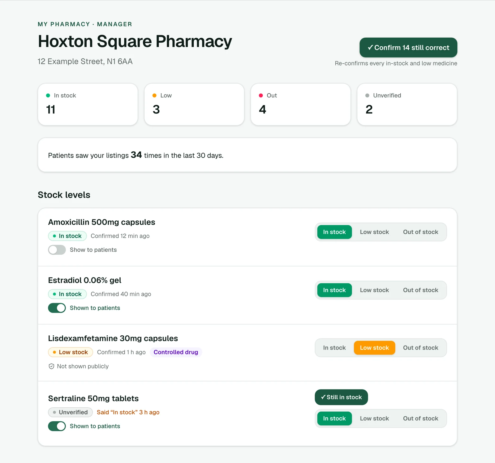 My pharmacy: stock levels and public listings